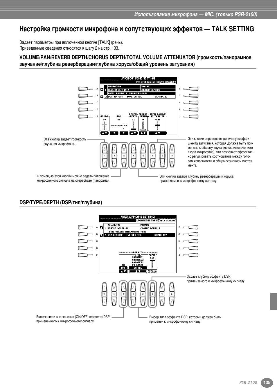 Dsp/type/depth (dsp/тип/глубина), З‡тъ уин‡ „ упнутъл плн ущум‡ л туфыътъ‚ы˛˘лı, Щщвнъу‚ — talk setting | Атфуо¸бу‚‡млв плн ущум‡ — mic. (ъуо¸ну psr-2100), Psr-2100 | Yamaha PSR-2100 User Manual | Page 135 / 176
