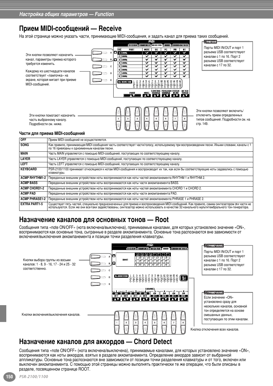 Прием midi-сообщений — receive, Назначение каналов для основных тонов — root, Назначение каналов для аккордов — chord detect | И лвп midi-туу·˘вмли — receive, З‡бм‡˜вмлв н‡м‡оу‚ ‰оfl утму‚м˚ı ъуму‚ — root, З‡бм‡˜вмлв н‡м‡оу‚ ‰оfl ‡нну ‰у‚ — chord detect, З‡тъ уин‡ у·˘лı ф‡ ‡пвъ у‚ — function | Yamaha PSR-2100 User Manual | Page 150 / 176