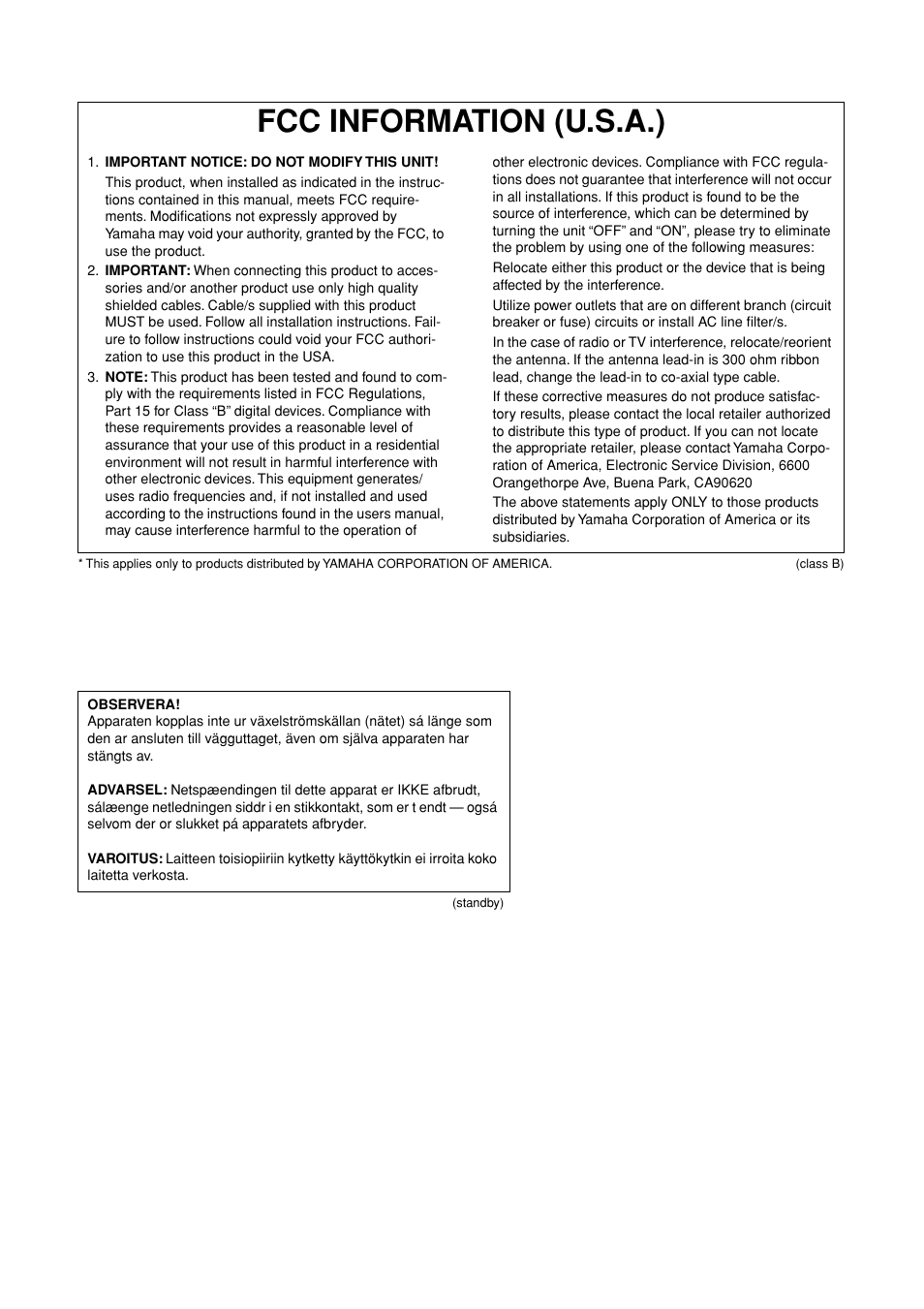 Fcc information (u.s.a.) | Yamaha PSR-2100 User Manual | Page 174 / 176