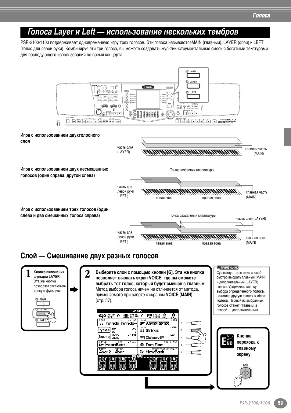 Слой — смешиваие двух разных голосов, Йуоут‡ layer ë left — лтфуо¸бу‚‡млв мвтнуо¸нлı, Ъвп· у | Лоуи — лпв¯л‚‡млв ‰‚ыı ‡бм˚ı „уоуту, Лъ . 59, У‡тъ¸ layer (тъ . 59), Йуоут, Part, Variation, Reset | Yamaha PSR-2100 User Manual | Page 59 / 176