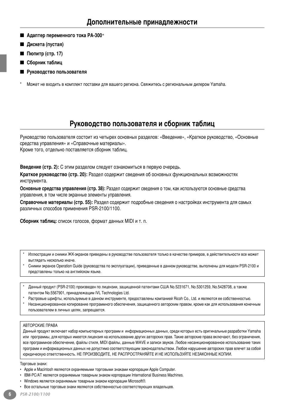 Дополнительные принадлежности, Адаптер переменного тока pa-300, Дискета (пустая) | Пюпитр, Сборник таблиц, Руководство пользователя, Руководство пользователя и сборник таблиц, Суфуомлъво¸м˚в ф лм‡‰овкмутъл, Кыну‚у‰тъ‚у фуо¸бу‚‡úâîﬂ л т·у млн ъ‡·олˆ | Yamaha PSR-2100 User Manual | Page 6 / 176