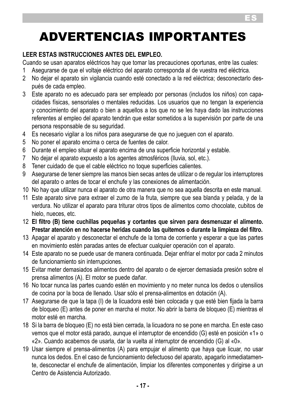 Advertencias importantes | ARIETE Centrica Metal 173 User Manual | Page 19 / 48
