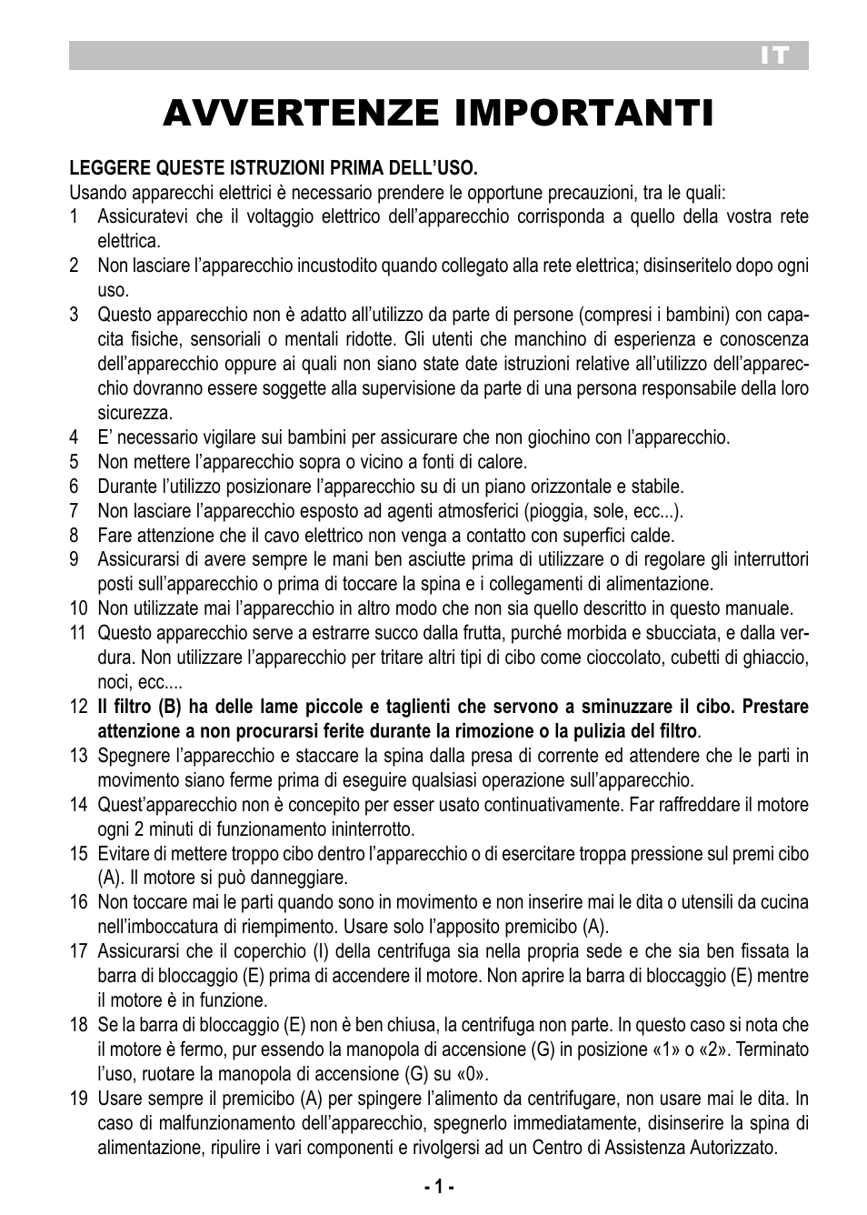 Avvertenze importanti | ARIETE Centrica Metal 173 User Manual | Page 3 / 48