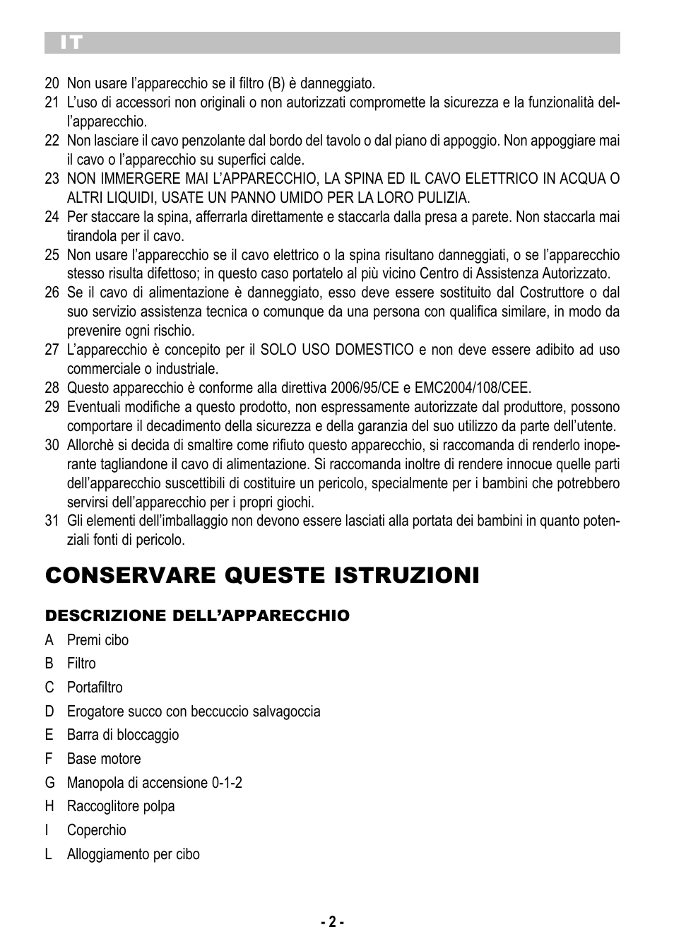 Conservare queste istruzioni | ARIETE Centrica Metal 173 User Manual | Page 4 / 48