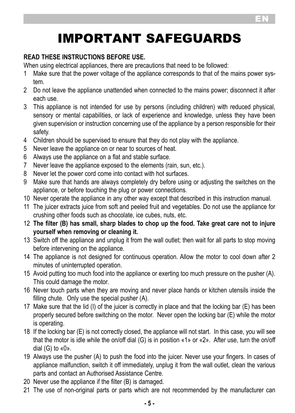 Important safeguards | ARIETE Centrica Metal 173 User Manual | Page 7 / 48