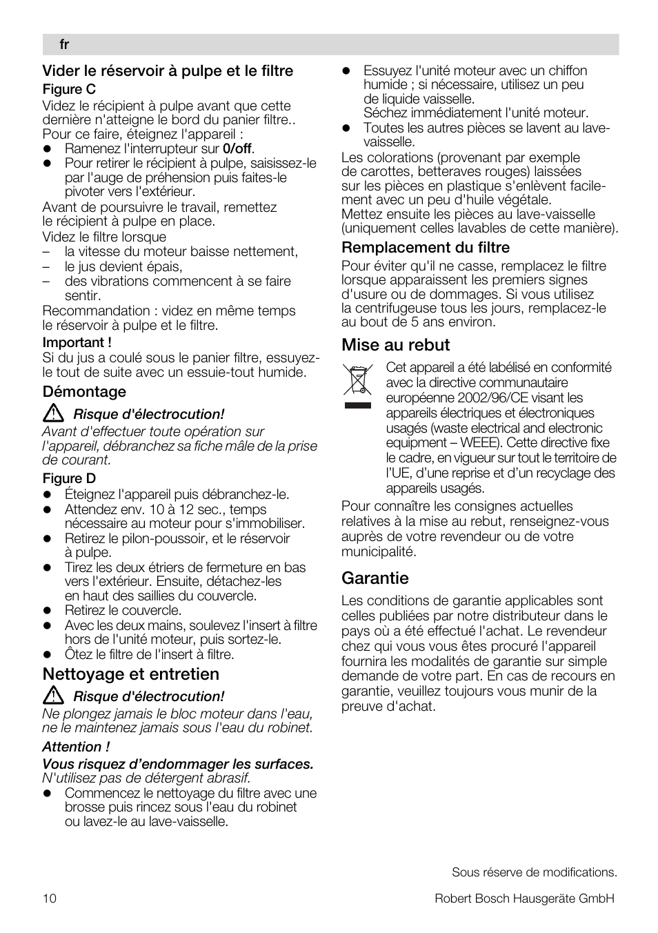 Nettoyage et entretien, Mise au rebut, Garantie | Bosch MES20G0 User Manual | Page 10 / 73