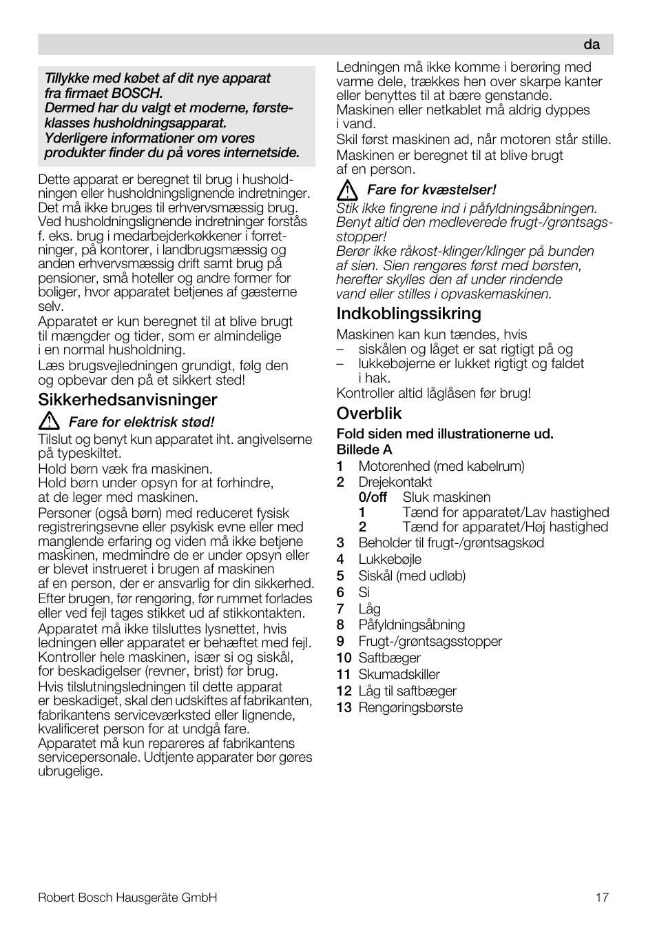 Sikkerhedsanvisninger, Indkoblingssikring, Overblik | Bosch MES20G0 User Manual | Page 17 / 73