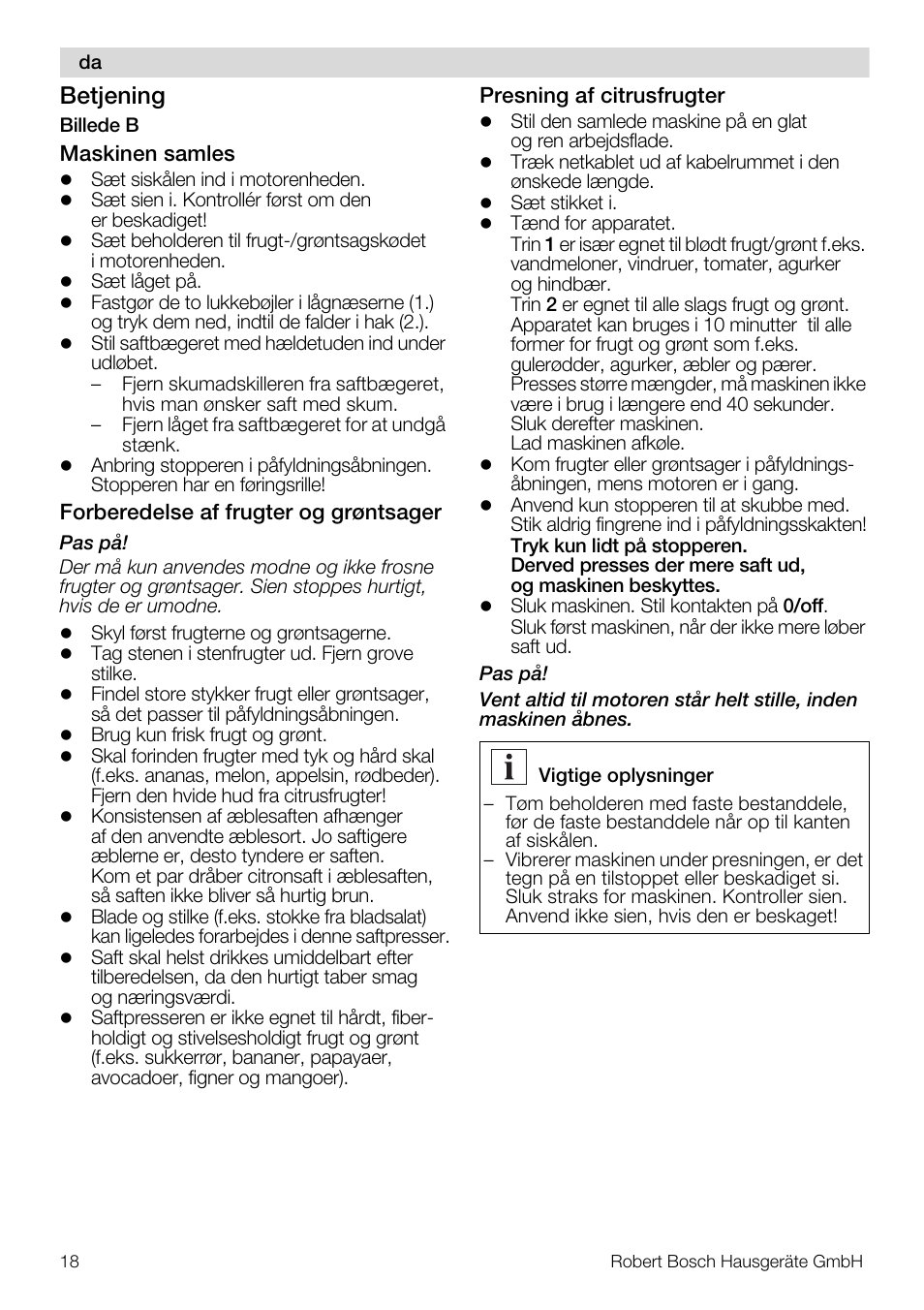 Betjening | Bosch MES20G0 User Manual | Page 18 / 73