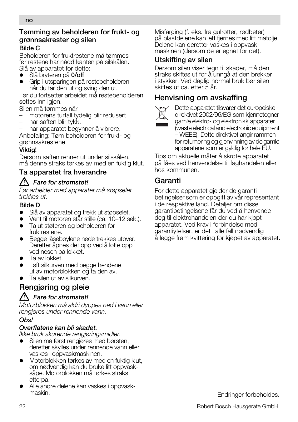 Rengjøring og pleie, Henvisning om avskaffing, Garanti | Bosch MES20G0 User Manual | Page 22 / 73