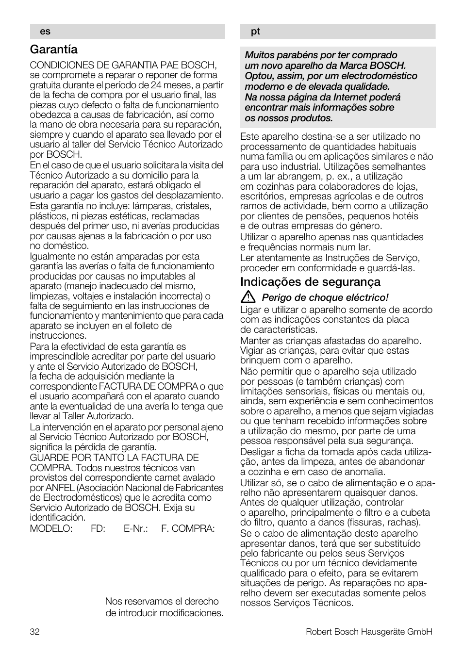 Garantía, Indicações de segurança | Bosch MES20G0 User Manual | Page 32 / 73