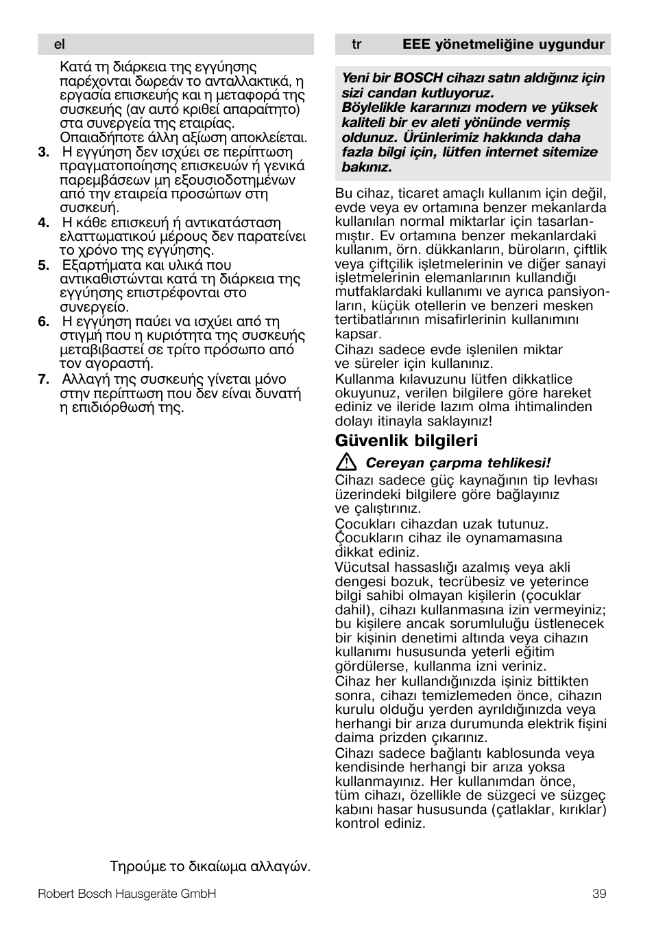 Güvenlik bilgileri | Bosch MES20G0 User Manual | Page 39 / 73