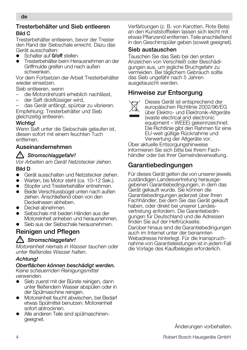 Reinigen und pflegen, Hinweise zur entsorgung, Garantiebedingungen | Bosch MES20G0 User Manual | Page 4 / 73