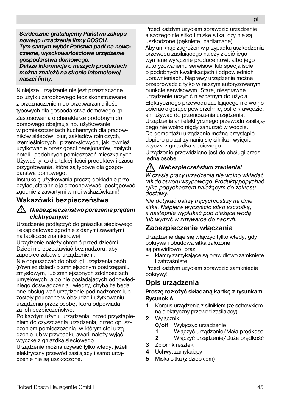 Wskazówki bezpieczeñstwa, Zabezpieczenie wł¹czania, Opis urz¹dzenia | Bosch MES20G0 User Manual | Page 45 / 73