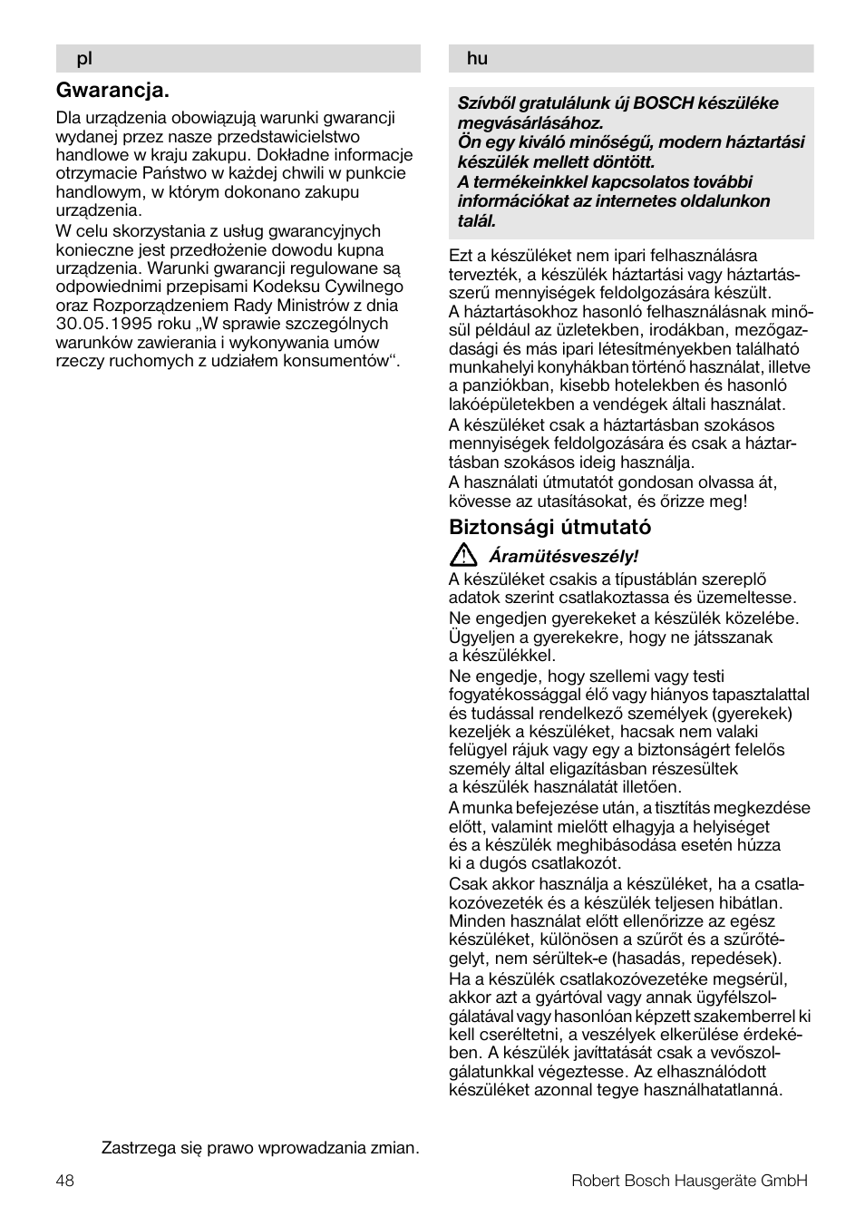 Gwarancja, Biztonsági útmutató | Bosch MES20G0 User Manual | Page 48 / 73