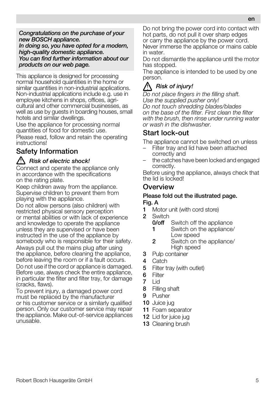 Safety information, Start lock-out, Overview | Bosch MES20G0 User Manual | Page 5 / 73
