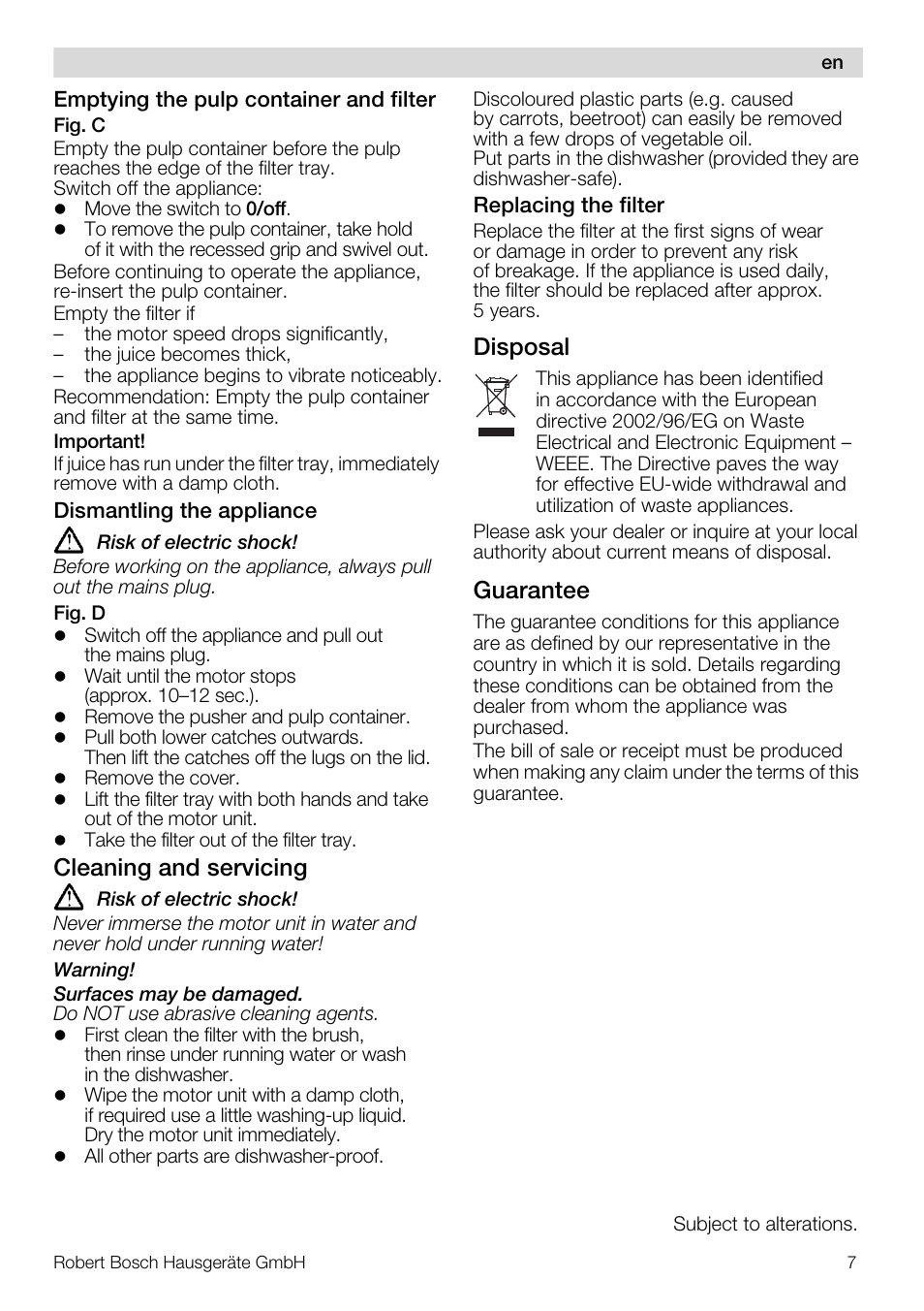 Cleaning and servicing, Disposal, Guarantee | Bosch MES20G0 User Manual | Page 7 / 73