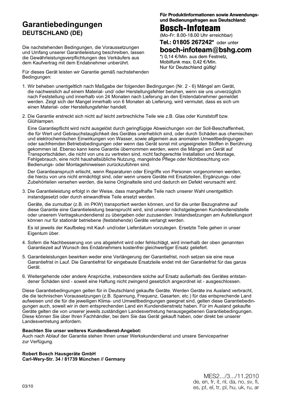 Bosch-infoteam, Garantiebedingungen | Bosch MES20G0 User Manual | Page 70 / 73