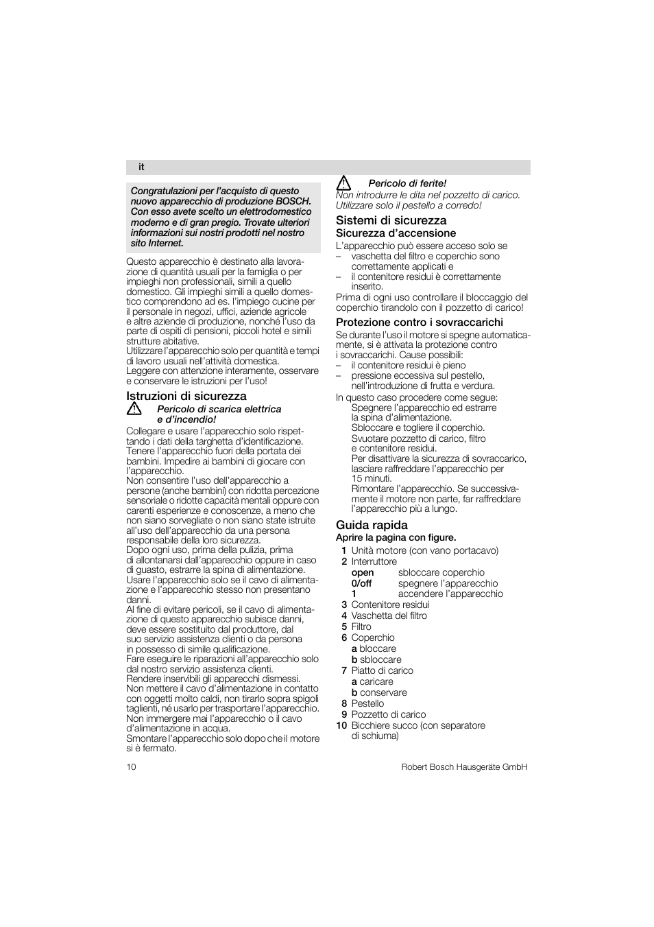 Sicurezza d’accensione, Protezione contro i sovraccarichi, Istruzioni di sicurezza | Sistemi di sicurezza, Guida rapida | Bosch MES 1020 User Manual | Page 10 / 62