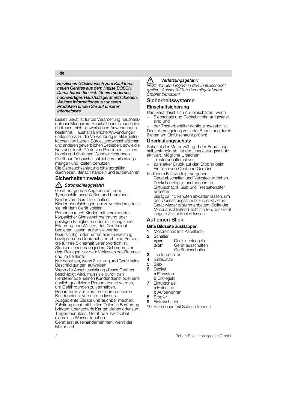 Sicherheitshinweise, Sicherheitssysteme, Auf einen blick | Stromschlaggefahr, Verletzungsgefahr | Bosch MES 1020 User Manual | Page 2 / 62