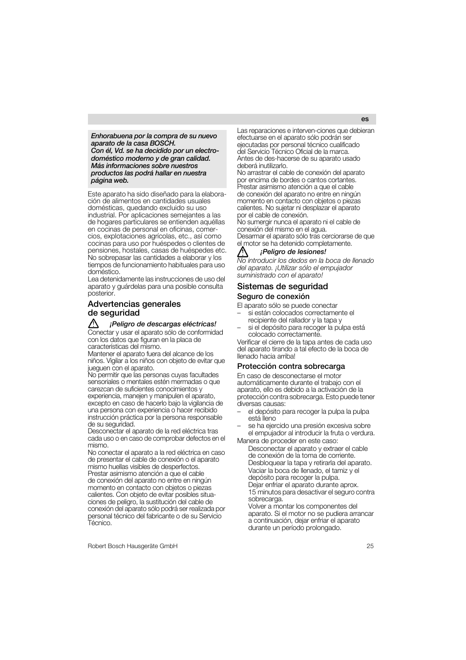 Seguro de conexión, Protección contra sobrecarga, Advertencias generales de seguridad | Sistemas de seguridad | Bosch MES 1020 User Manual | Page 25 / 62