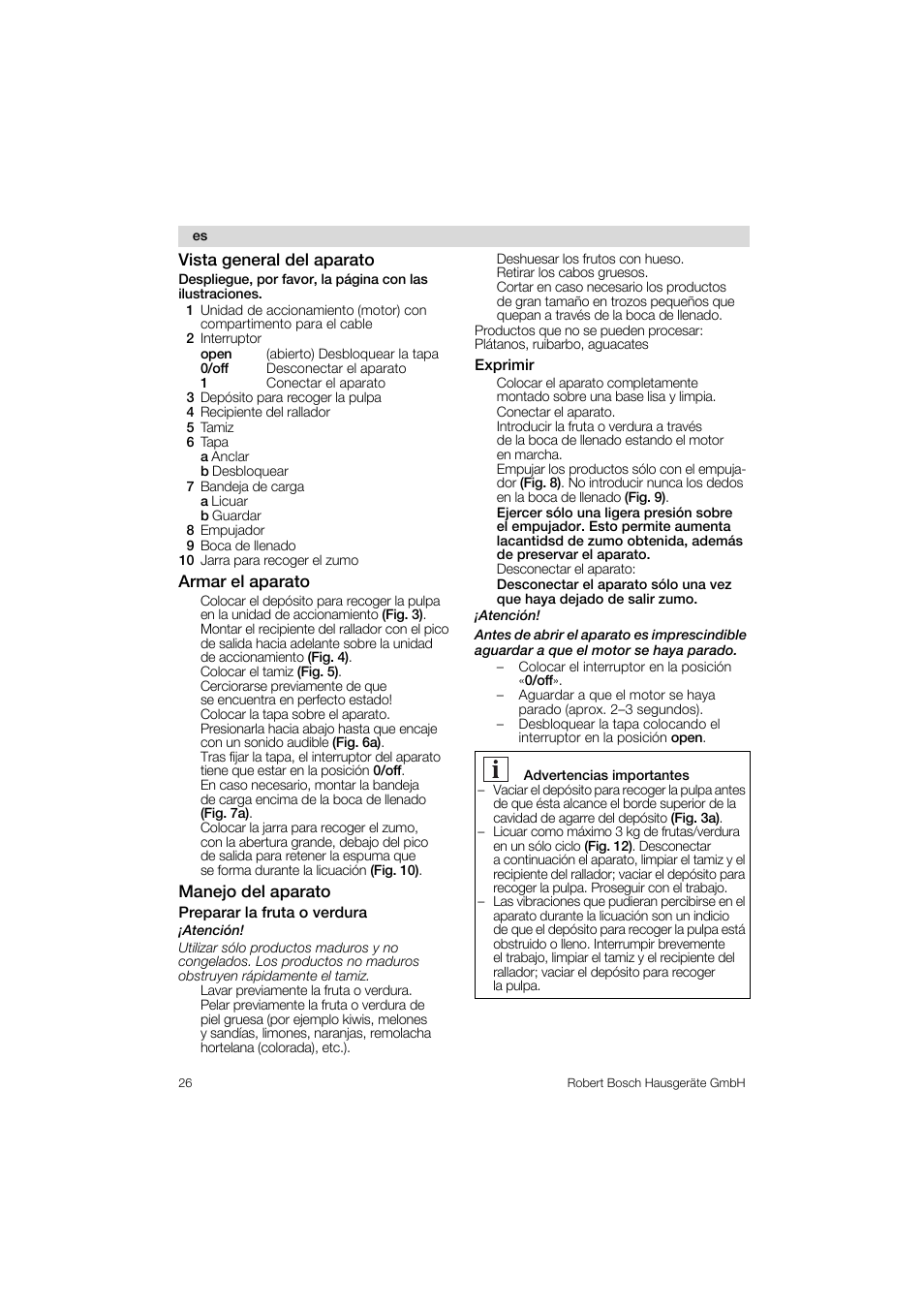 Preparar la fruta o verdura, Exprimir, Vista general del aparato | Armar el aparato, Manejo del aparato | Bosch MES 1020 User Manual | Page 26 / 62