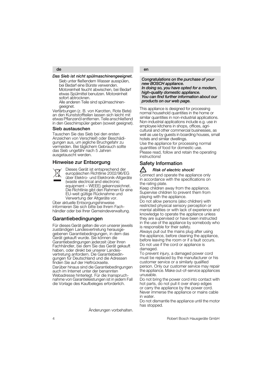 Sieb austauschen, Hinweise zur entsorgung, Garantiebedingungen | Safety information, Das sieb ist nicht spüimaschinengeeignet, Risk of electric shock | Bosch MES 1020 User Manual | Page 4 / 62