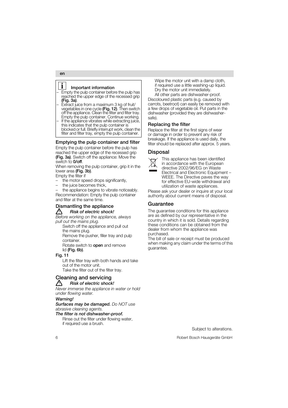 Emptying the pulp container and filter, Dismantling the appliance, Cleaning and servicing | Replacing the filter, Disposal, Guarantee | Bosch MES 1020 User Manual | Page 6 / 62