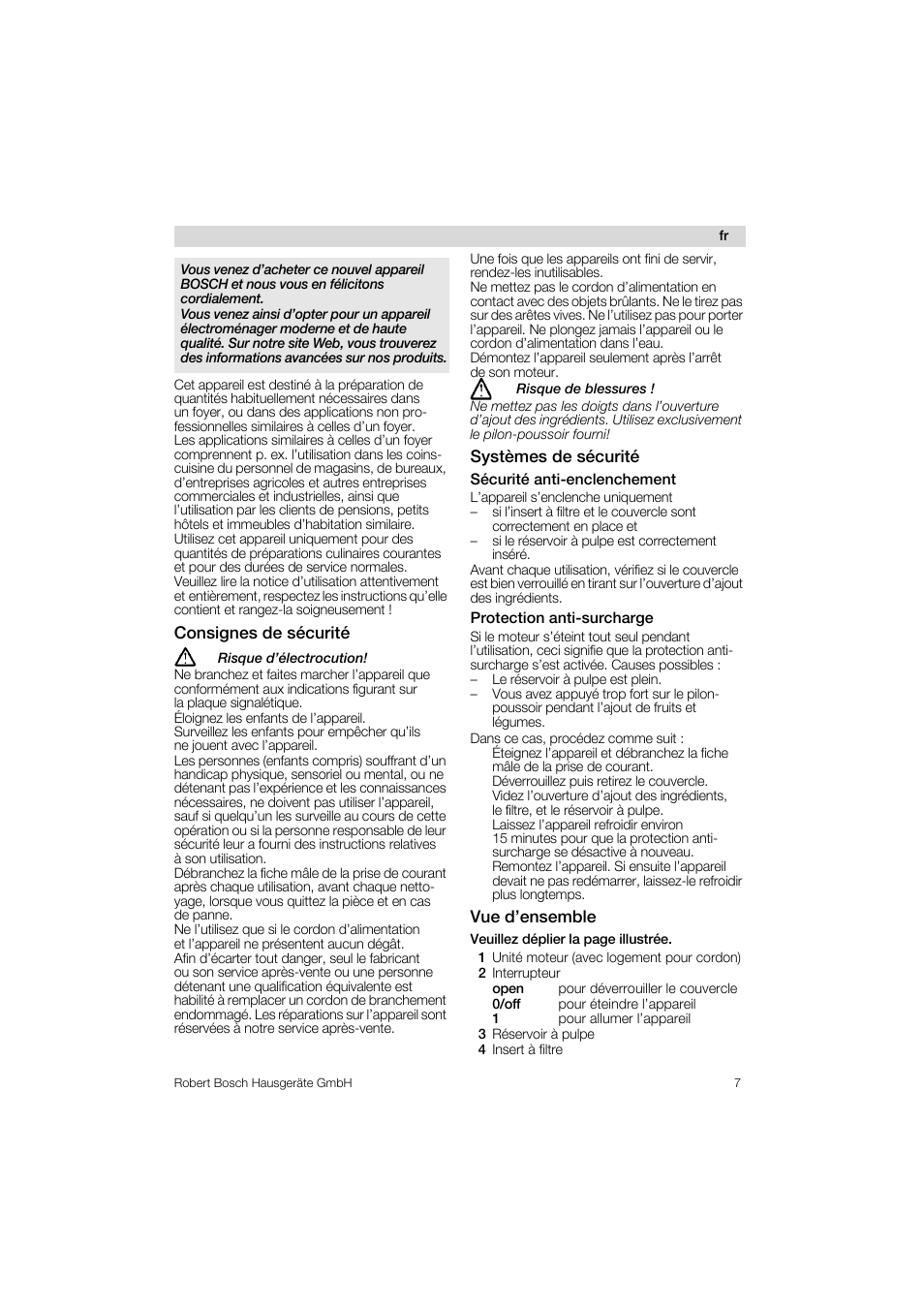 Sécurité anti-enclenchement, Protection anti-surcharge, Consignes de sécurité a | Systèmes de sécurité, Vue d’ensemble | Bosch MES 1020 User Manual | Page 7 / 62