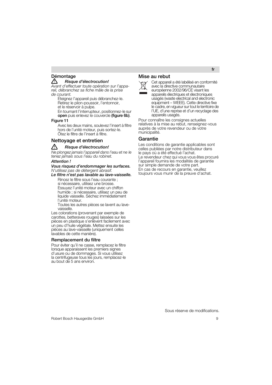 Démontage, Remplacement du filtre, Nettoyage et entretien | Mise au rebut, Garantie | Bosch MES 1020 User Manual | Page 9 / 62