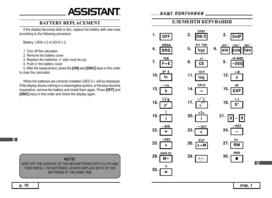 Battery replacement, Елементи керування | ASSISTANT AC–3105 User Manual | Page 16 / 30