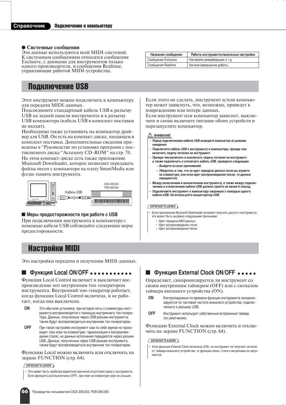 Иу‰но˛˜вмлв usb, З‡тъ уинл midi, Îûìíˆëﬂ local on/off | Îûìíˆëﬂ external clock on/off, Лф ‡‚у˜млн иу‰но˛˜вмлв н нупф¸˛ъв ы | Yamaha PSR-295 User Manual | Page 66 / 90