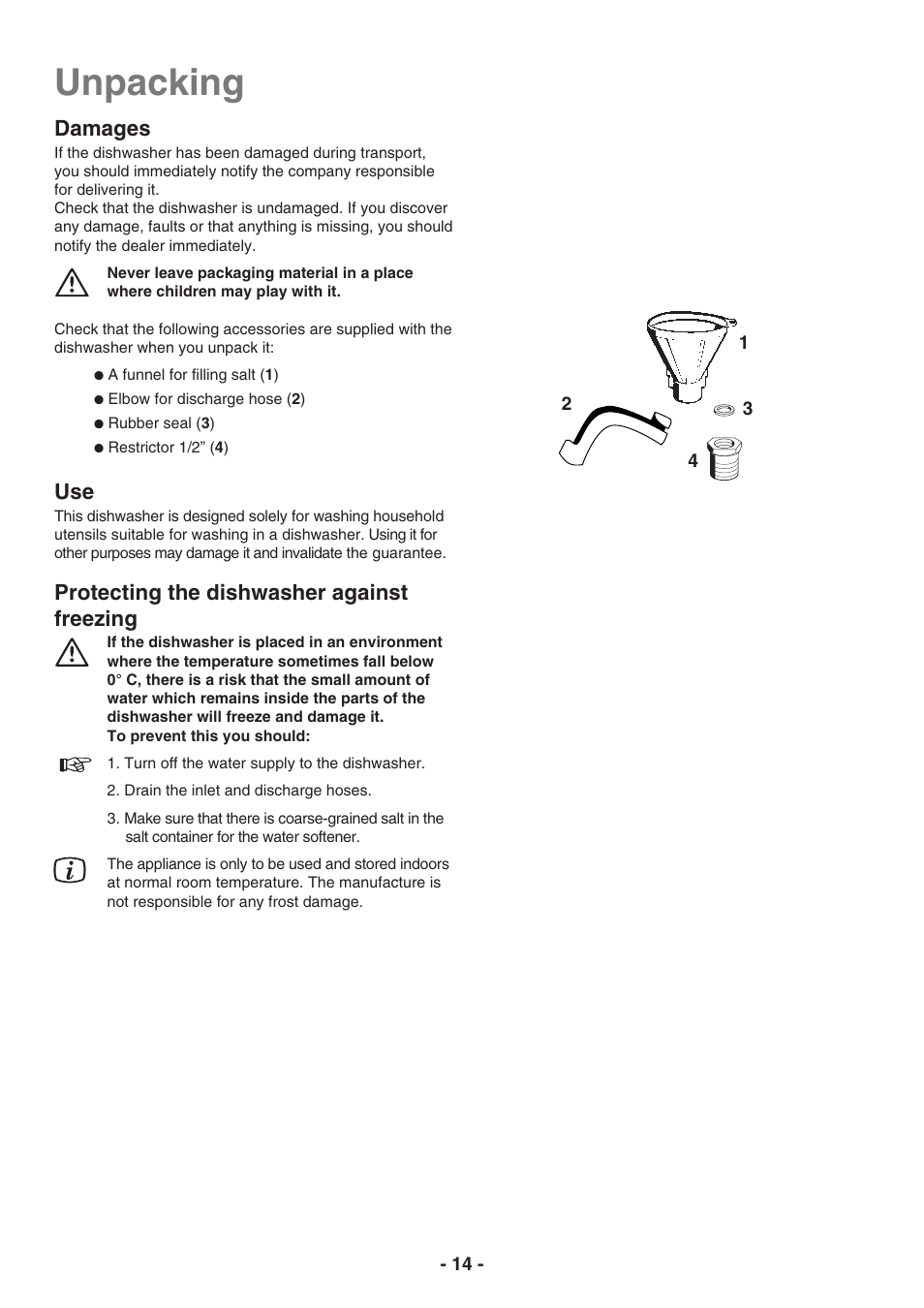 Unpacking, Damages, Protecting the dishwasher against freezing | Electrolux ESF2410 User Manual | Page 14 / 16