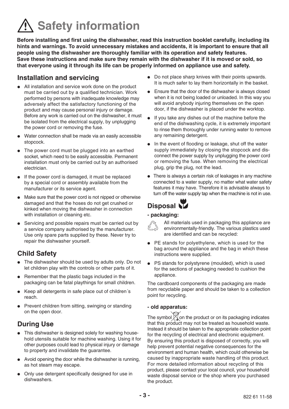 Safety information, Installation and servicing, Child safety | During use, Disposal | Electrolux ESF2410 User Manual | Page 3 / 16