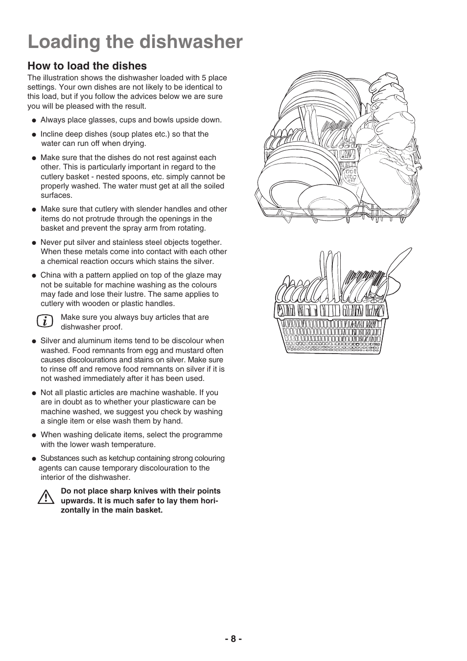 Loading the dishwasher, How to load the dishes | Electrolux ESF2410 User Manual | Page 8 / 16