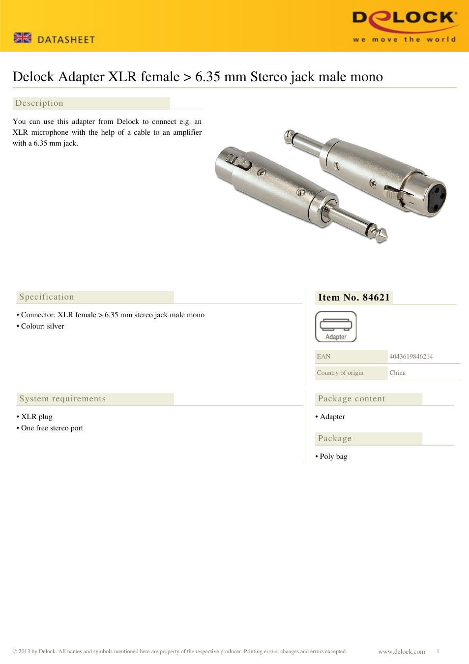 DeLOCK 84621 User Manual | 1 page