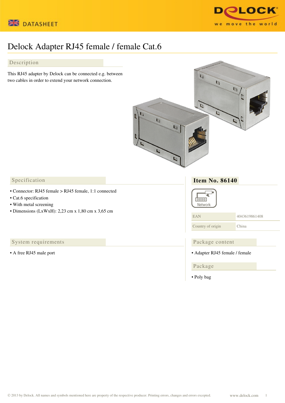 DeLOCK 86140 User Manual | 1 page