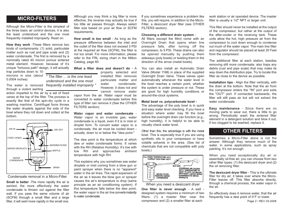 Micro-filters, Other filters | Milton Industries MINIATURE AIR LINE - Lubricator 1150, 1150M, 1150-1 - Form 9X018 User Manual | Page 2 / 4