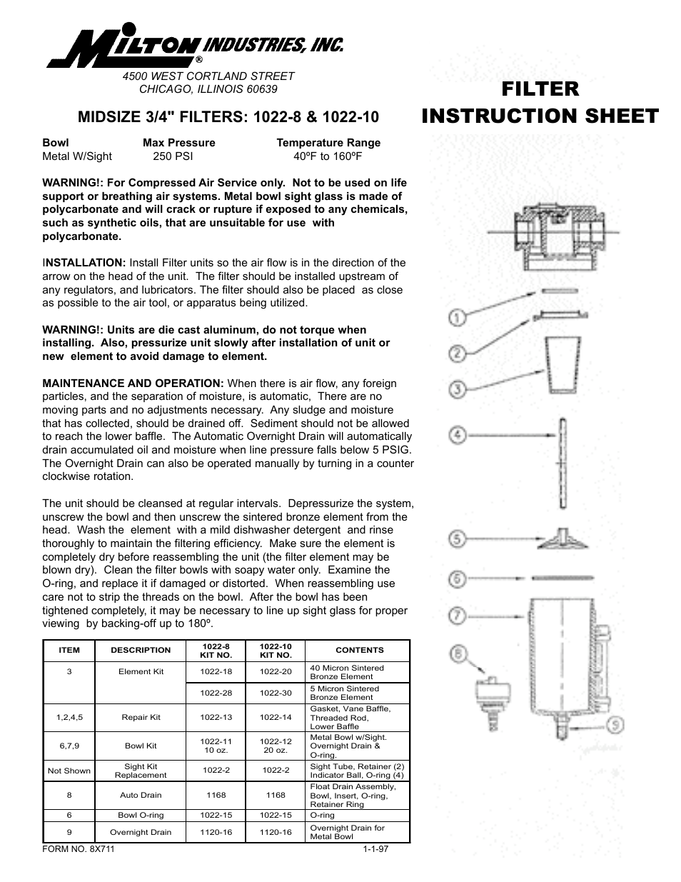 Milton Industries Filter 1022-10 - Form 8X711 User Manual | 1 page