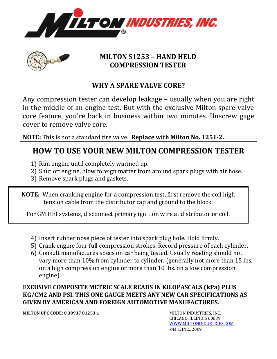 Milton Industries Test Equipment S1253 - Hand Held Compression Tester User Manual | 1 page