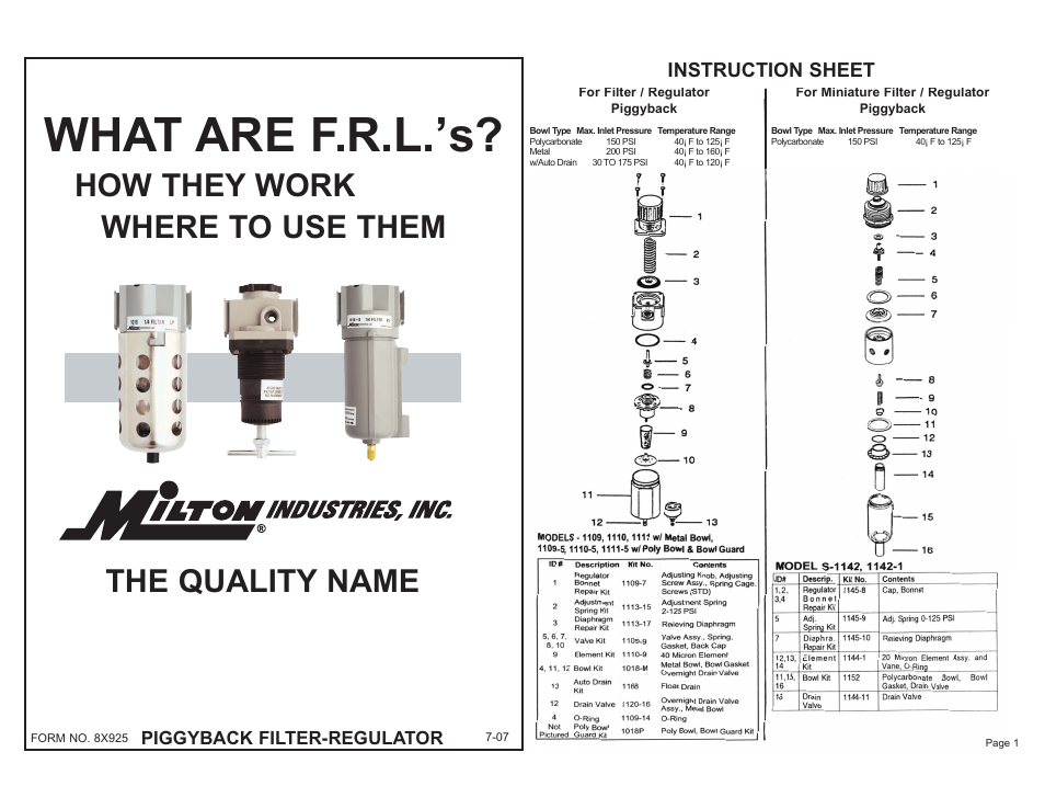 Milton Industries PiggyBack Filter-Regulators 1142, 1142-1 - Form 8X925 User Manual | 4 pages