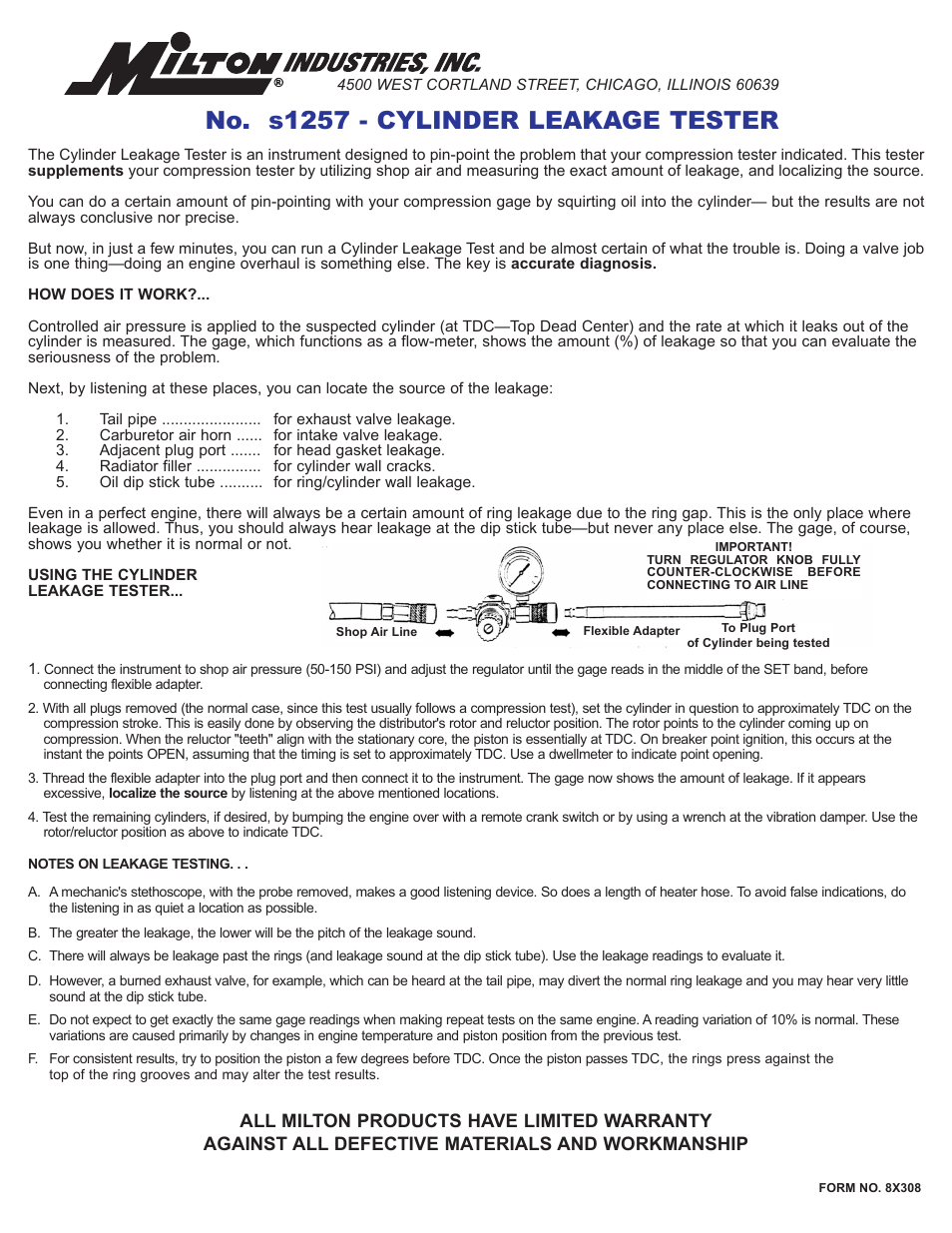 Milton Industries Test Equipment Cylinder Leakage Tester Model 1257 - Form 8X308 User Manual | 1 page