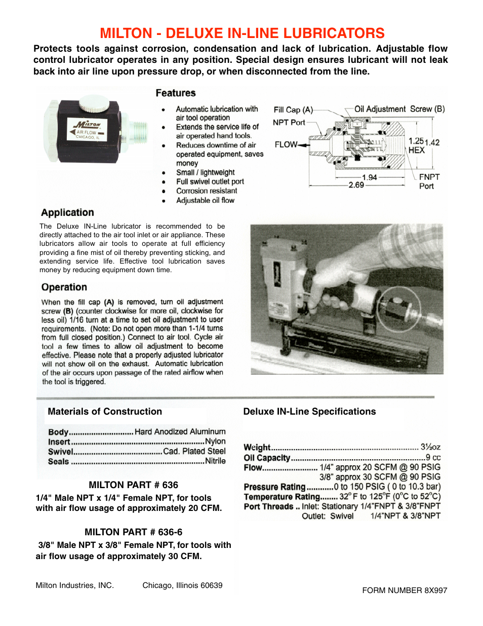 Milton Industries Lubricators Deluxe IN-Line 636, 636-6 - Form 8X997 User Manual | 1 page