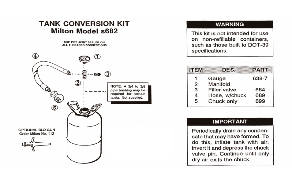 Milton Industries Equipment Tank Conversion Kit - Model s682 User Manual | 1 page