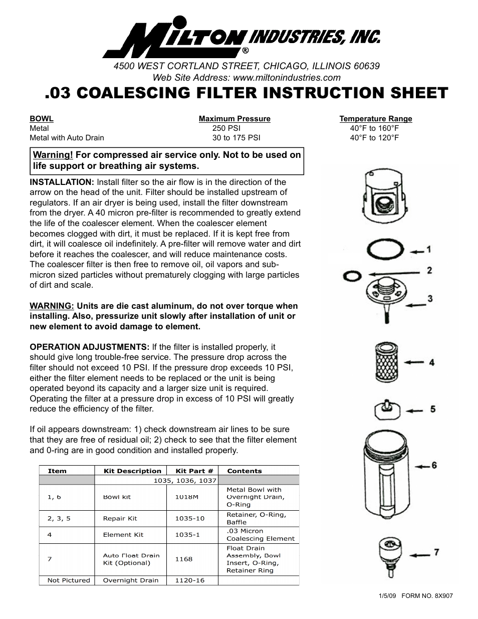 Milton Industries Filter 1037 (Coalescing) - Form 8X907 User Manual | 1 page