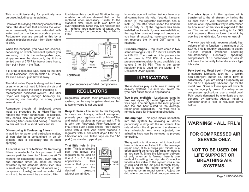 Warning! - all frl’s, Regulators, Lubricators | Milton Industries Regulator High Pressure 1027-8 - Form 9X016 User Manual | Page 3 / 4