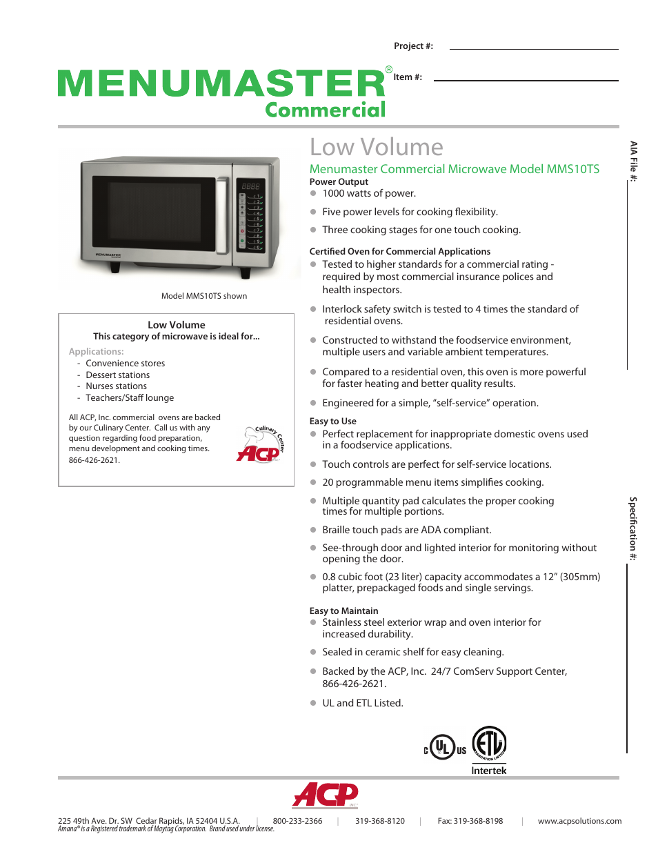 ACP MMS10TS Spec Sheet User Manual | 2 pages