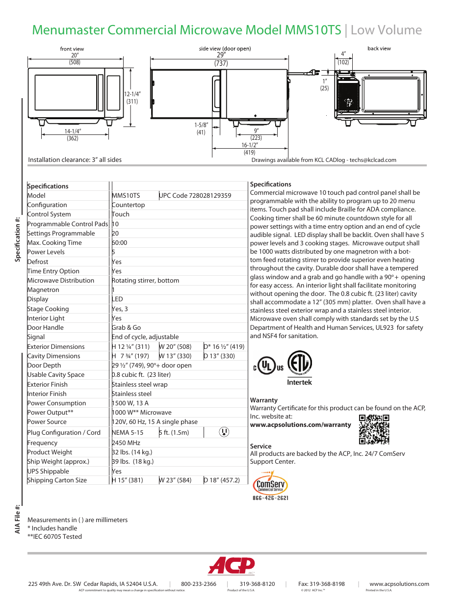 ACP MMS10TS Spec Sheet User Manual | Page 2 / 2