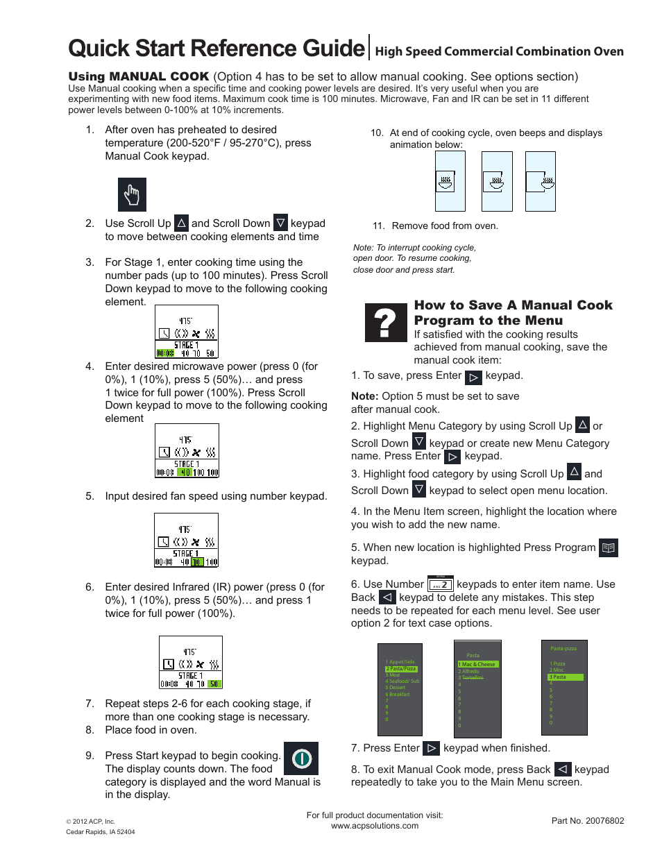 Quick start reference guide, High speed commercial combination oven, How to save a manual cook program to the menu | ACP MXP5221 Quick Start Guide User Manual | Page 3 / 6