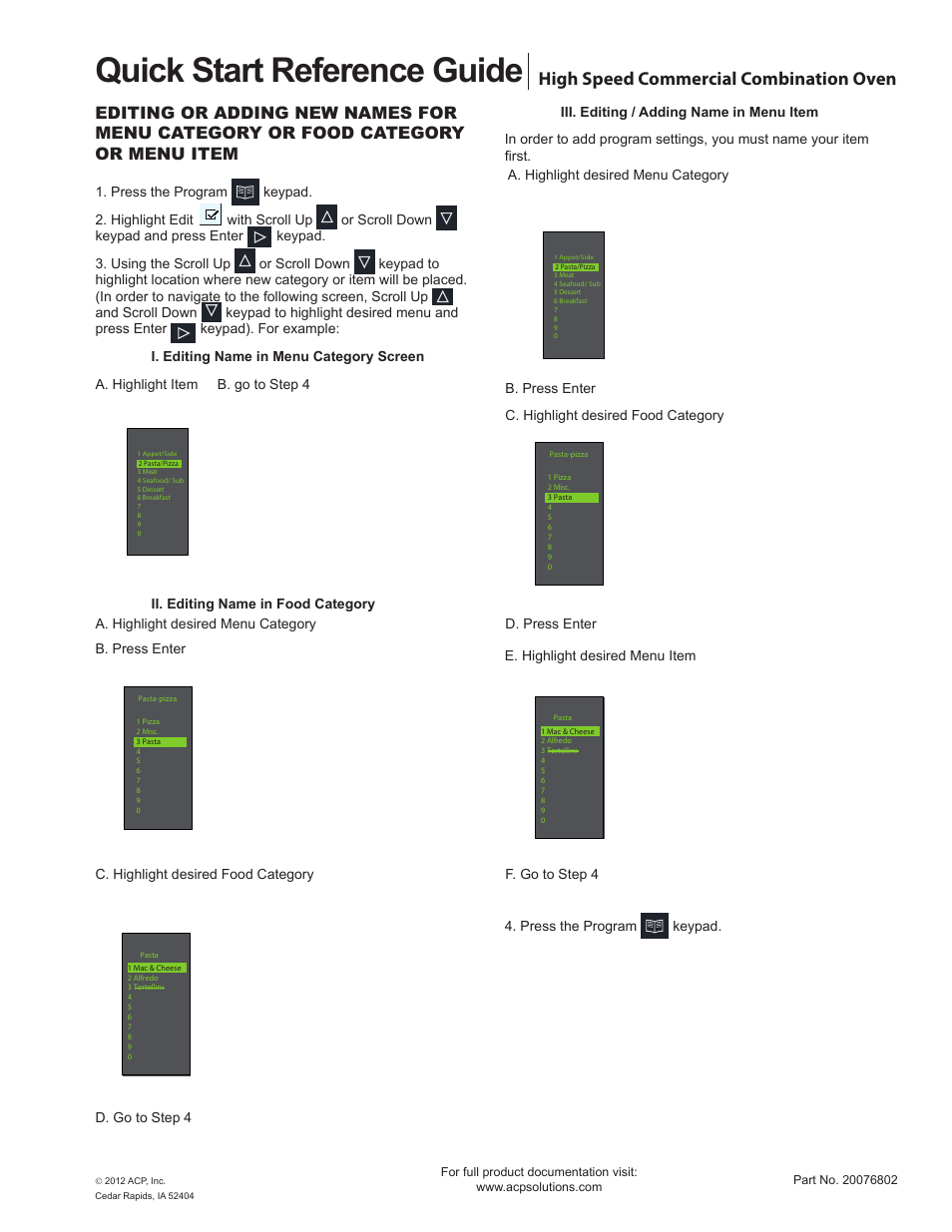 Quick start reference guide, High speed commercial combination oven | ACP MXP5221 Quick Start Guide User Manual | Page 5 / 6