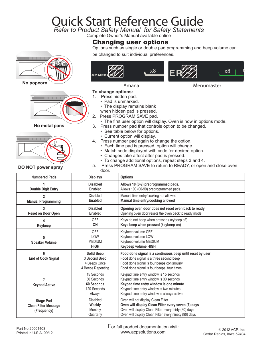 Quick start reference guide, Changing user options | ACP MRC17S2 Quick Start Guide User Manual | Page 2 / 2